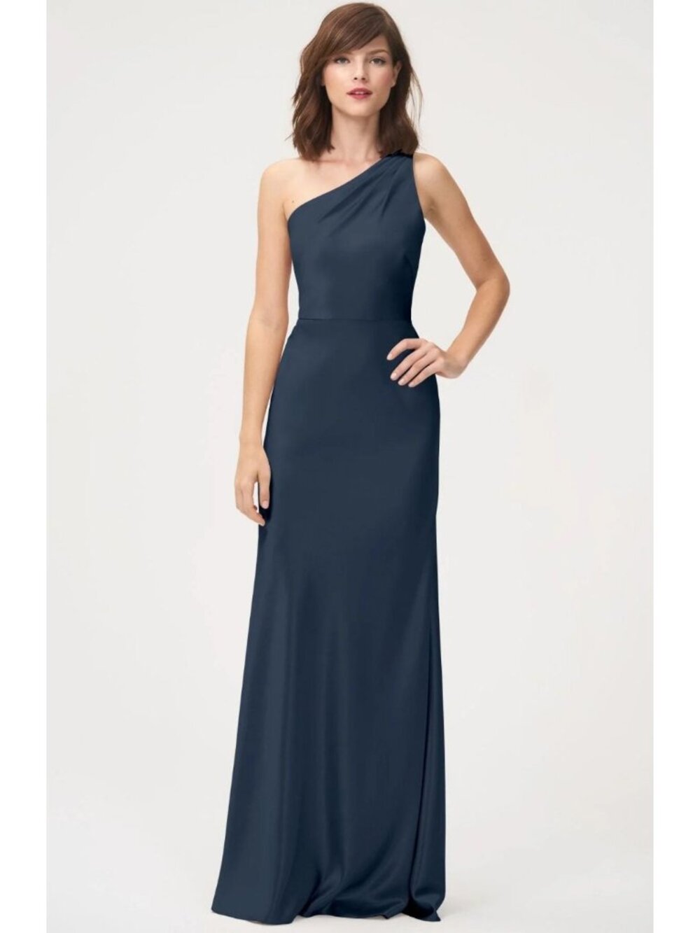 Jenny Yoo Lena One Shoulder Maxi Bridesmaid Dress in French Blue Navy Satin 12